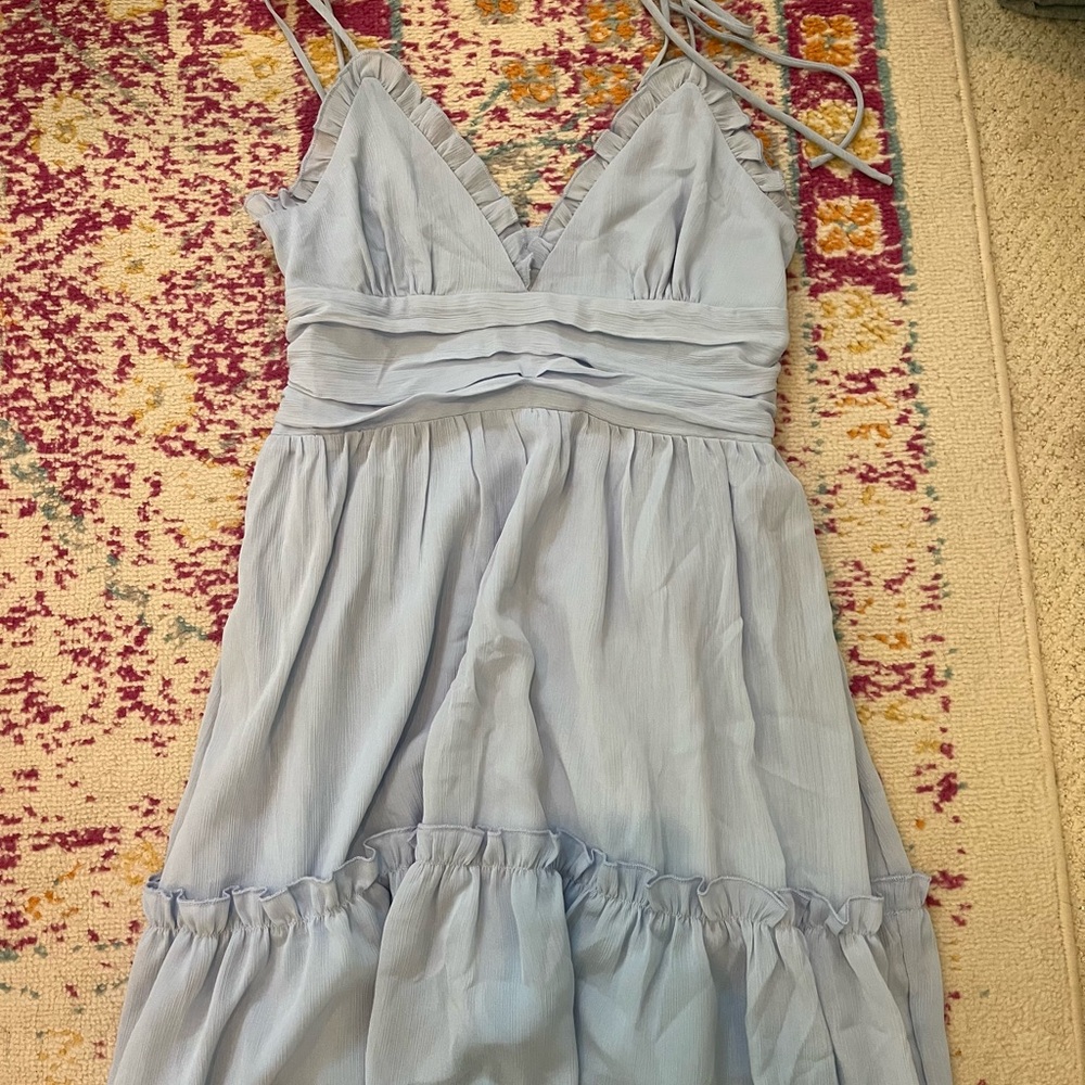 Cider Blue Ruched Tiered Sundress for Wedding Guest